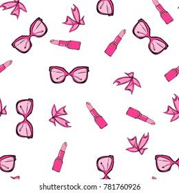 Seamless fashion accessories pattern. Cute fashion illustration with pink glasses, lipstick, bows on white background. eamless pattern design for print, textile, fabric, clothing, modern accessories.