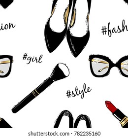 Seamless fashion accessories pattern. Hand drawing fashion illustration with black shoes, red lipstick, makeup brush, sunglasses and fashionable hashtags: fashion, style, girl.