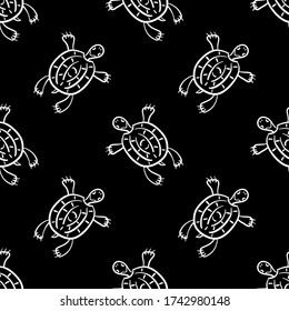 Seamless fashion animal pattern with turtle, terrapin. Simple Doodle vector background. Black and white