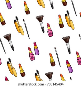 Seamless fashion background with cosmetics patch badges. Mascara, lipstick, cosmetics brushes. Comic book style vector stickers, pins, patches, illustrations