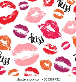 Seamless fashion background with print kisses lips, endless pattern, vector fashion sketch illustration with  lips imprint, kiss, pink mouth, rouge lips, red lips 