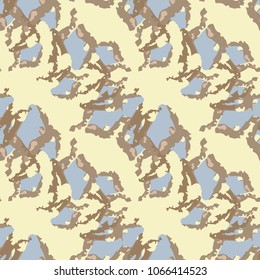 Seamless fashion beige and blue and brown urban UFO or desert camouflage. Camo repeat pattern - vector concept of modern military cloth print, wallpaper, backdrop or wrapping paper.