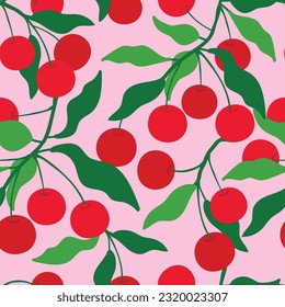 Seamless fashion cherries pattern. Red cherries on pink background. Summer seamless pattern.