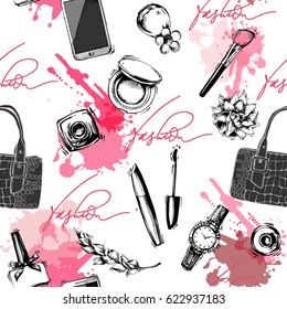 Seamless fashion and cosmetics background with make up artist objects: ladies watch, handbag, nail Polish,mascara, lipstick, perfume. Vector illustration