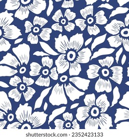 Seamless fashion floral pattern. Botanical vector texture for fabric textile, wallpaper. Creative minimal white and blue flowers