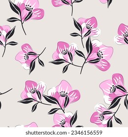 Seamless fashion floral pattern. Pink flowers design for textile, fabric. Vector botanical background