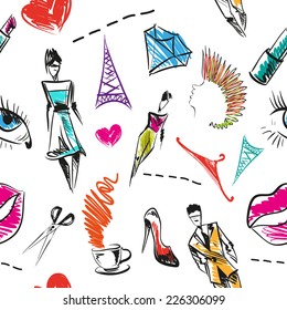 Seamless fashion hand drawn pattern, vector illustration