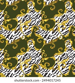 Seamless fashion pattern Baroque Rococo frame elements mixed with zebra animal skin print texture stock illustration.