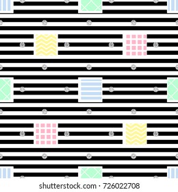 seamless fashion pattern with colorful square with silver dot glitter on stripe background