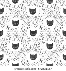 Seamless fashion pattern with cute black cats. Vector dots background. 