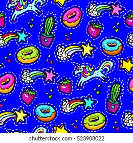 Seamless fashion pattern of decorative fashion patch badges of colorful fashion patch girls elements Blue background Girl patches in comic cartoon 80-90 fashion style Vector illustration stock vector