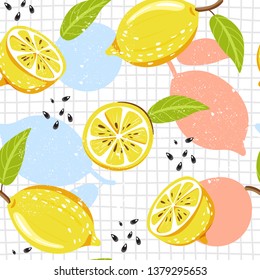 Seamless fashion pattern with fresh lemon fruits, leaves and seeds. Healthy eating. Vector texture for textile, postcard, wrapping paper, packaging etc. Vector illustration on checkered background.