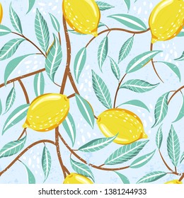 Seamless fashion pattern with fresh lemon fruits, leaves and abstract element. Healthy eating. Vector texture for textile, postcard, wrapping paper, packaging etc. Vector illustration.