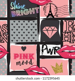 Seamless fashion pattern for girls. with lips, crown, heart, holographic elements. For textiles, clothes, prints, wrapping paper and more.