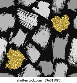 Seamless fashion pattern with hand drawn brush strokes. Greyscale and gold on dark background. Vector illustration for your graphic design.