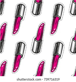 Seamless fashion pattern. Make up collection. Lipstick cartoon hand drawn on white