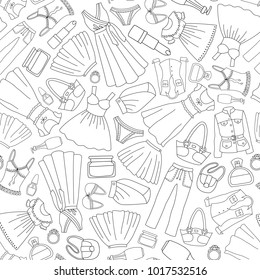 Seamless fashion pattern. Motley clothing and accessories. Vector illustration.
