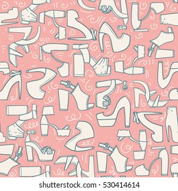 Seamless fashion pattern on light pink background. Lots of various flat doodle shoes on high platform heels. Sandals and shoes, beautiful footwear, hand drawn, good for wrapping paper and design.