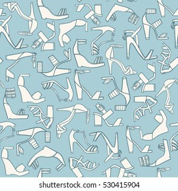 Seamless fashion pattern on light blue background. Lots of various flat doodle sandals on high cone or platform heels. Beautiful footwear, hand drawn, good for wrapping paper and other design.