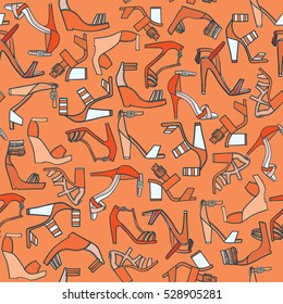 Seamless fashion pattern on orange background. Lots of various flat doodle sandals on high platforms and heels. Beautiful colorful footwear, hand drawn, good for wrapping paper and other design