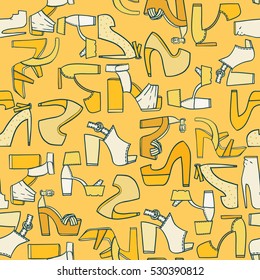 Seamless fashion pattern on yellow background. Lots of various flat doodle shoes on high platform heels. Sandals and shoes, beautiful footwear, hand drawn, good for wrapping paper and other design.