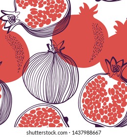 Seamless fashion pattern of pomegranate fruit, half, whole. Vector hand drawn illustration texture in modern flat style for web, print posters, textile, children clothes, linens dress, fabric