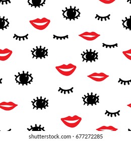 Seamless fashion pattern. Red lips, black eyes and eyelashes on a white background. Summer print for textiles. Vector illustration.