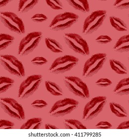 Seamless fashion pattern with red polygonal lips. Makeup lipstick design. Cosmetics store advertising. Beauty products marketing. Pink background. Vector illustration