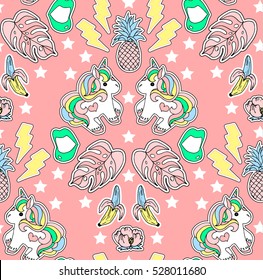 Seamless fashion pattern. Set of stickers, pins, patches and handwritten notes collection in cartoon. Unicorn, palm, lips, banana and other.  Vector illustration