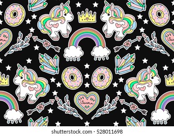 Seamless fashion pattern. Set of stickers, pins, patches and handwritten notes collection in cartoon. Unicorn, donut, crown, rainbow and other.  Vector illustration