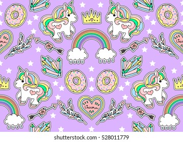 Seamless fashion pattern. Set of stickers, pins, patches and handwritten notes collection in cartoon. Unicorn, donut, crown, rainbow and other.  Vector illustration