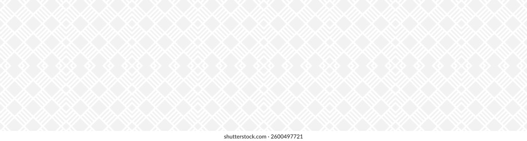 Seamless fashion pattern of squares and lines, geometric white figures for textile and wallpaper. Abstract panoramic ornament on gray background for New Year or wedding cover or postcard.