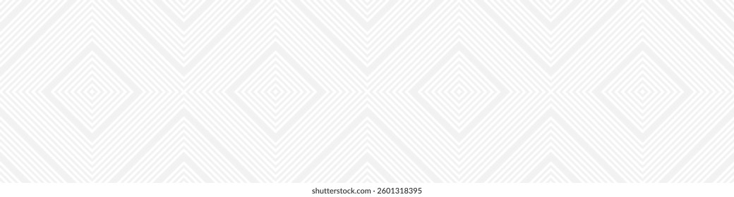 Seamless fashion pattern of squares and lines, geometric white figures for textile and wallpaper. Abstract panoramic ornament on gray background for New Year or wedding cover or postcard.