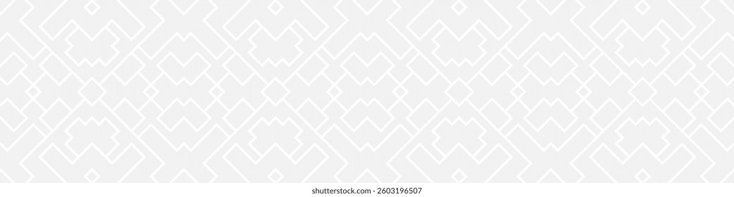 Seamless fashion pattern of squares and lines, geometric white figures for textile and wallpaper. Abstract panoramic ornament on gray background for New Year or wedding cover or postcard.