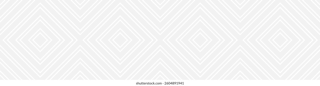 Seamless fashion pattern of squares and lines, geometric white figures for textile and wallpaper. Abstract panoramic ornament on gray background for New Year or wedding cover or postcard.