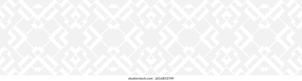Seamless fashion pattern of squares and lines, geometric white figures for textile and wallpaper. Abstract panoramic ornament on gray background for New Year or wedding cover or postcard.