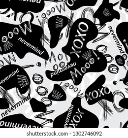 Seamless fashion pattern. Typography slogan with Black&White cartoon Mooo!Mooo!Mooo!. T-shirts grunge design. Street style for young women–Vector