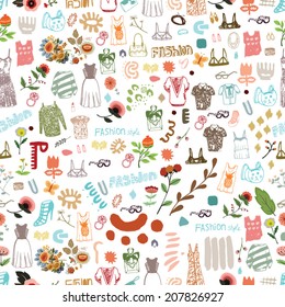 Seamless Fashion Pattern / Vector illustration of mixed media illustrations. Good for web background, textile, seamless patterns etc.