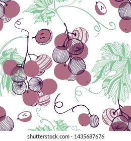 Seamless fashion pattern of violet grapes. Bunch and vine. Vector hand drawn illustration texture in modern flat style for web, print posters, textile, children clothes, linens dress, fabric