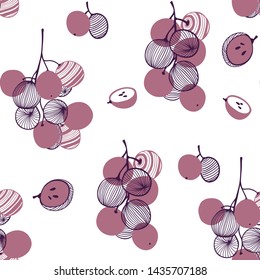 Seamless fashion pattern of violet grapes. Bunch and vine. Vector hand drawn illustration texture in modern flat style for web, print posters, textile, children clothes, linens dress, fabric