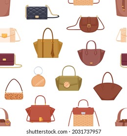 Patrón de moda sin inconvenientes con bolsos de mano femeninos de diferente forma, color y diseño. Fondo repetible con modernos bolsos de cuero, bolsos y garras. Ilustración vectorial plana para impresión