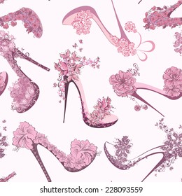 Seamless fashion pattern with women shoes, high heels, flowers and butterfly