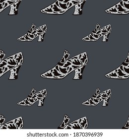 Seamless fashion pattern with womes shoes with black ornament print. Grey background. Vector illustration for seasonal textile prints, fabric, banners, backdrops and wallpapers.