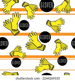 Seamless fashion patterns gloves made of yellow rubber, latex, nitrile for home cleaning, hand skin protection, healthcare on a white background with orange stripes.