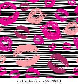 Seamless fashion striped background with print kisses lips, endless pattern, vector fashion sketch, lips imprint, kiss, pink mouth, rouge lips, red lips 