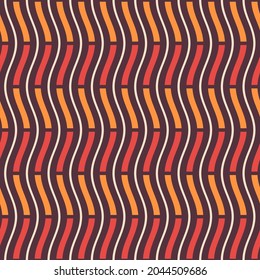 Patrón vectorial rayado de moda sin fisuras. Líneas onduladas, rayas. Naranja, roja, rayas beige. Ilustración de color.