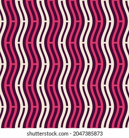Patrón vectorial rayado de moda sin fisuras. Líneas onduladas, rayas. Colores vibrantes. Rayas moradas, rosas, blancas. Ilustración de color.