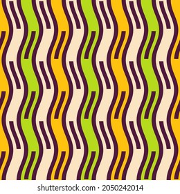 Seamless fashion striped vector pattern. Wavy lines, stripes. Vibrant colors. Yellow, green, beige stripes. Color illustration.
