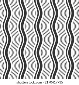 Patrón vectorial rayado de moda sin fisuras. Líneas onduladas y delgadas de rayas, rayas. Fondo blanco y negro.