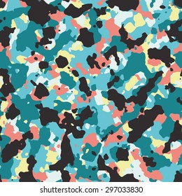 Seamless fashion summer bright blue black yellow and pink camouflage pattern vector